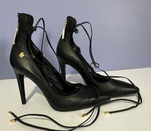Lança Perfume Black Leather Ankle Tie Stiletto Heels Size 7